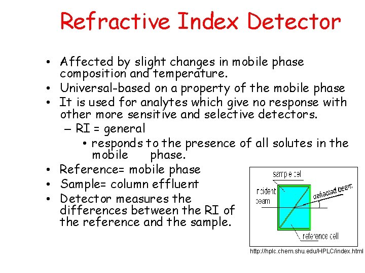 Refractive Index Detector • Affected by slight changes in mobile phase composition and temperature.