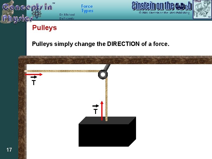 Force Types Pulleys simply change the DIRECTION of a force. T T 17 