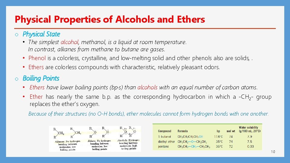 Physical Properties of Alcohols and Ethers o Physical State • The simplest alcohol, methanol,