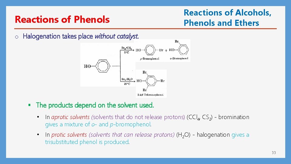 Reactions of Phenols Reactions of Alcohols, Phenols and Ethers o Halogenation takes place without