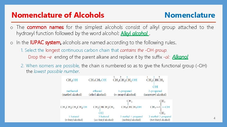 Nomenclature of Alcohols Nomenclature o The common names for the simplest alcohols consist of