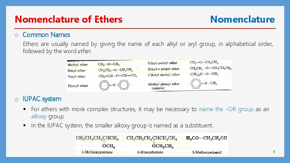 Nomenclature of Ethers Nomenclature o Common Names Ethers are usually named by giving the