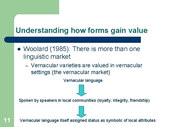 Understanding how forms gain value l Woolard (1985): There is more than one linguistic