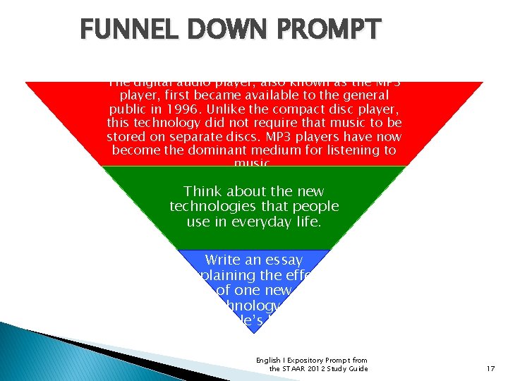 FUNNEL DOWN PROMPT The digital audio player, also known as the MP 3 player,