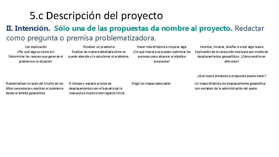 5. c Descripción del proyecto II. Intención. Sólo una de las propuestas da nombre