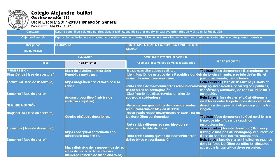 Colegio Alejandro Guillot Clave Incorporación 1298 Ciclo Escolar 2017 -2018 Planeación General Documento: PRODUCTO