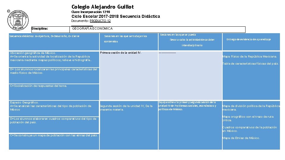 Colegio Alejandro Guillot Clave Incorporación 1298 Ciclo Escolar 2017 -2018 Secuencia Didáctica Documento: PRODUCTO