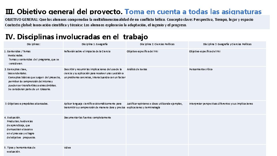 III. Objetivo general del proyecto. Toma en cuenta a todas las asignaturas OBJETIVO GENERAL: