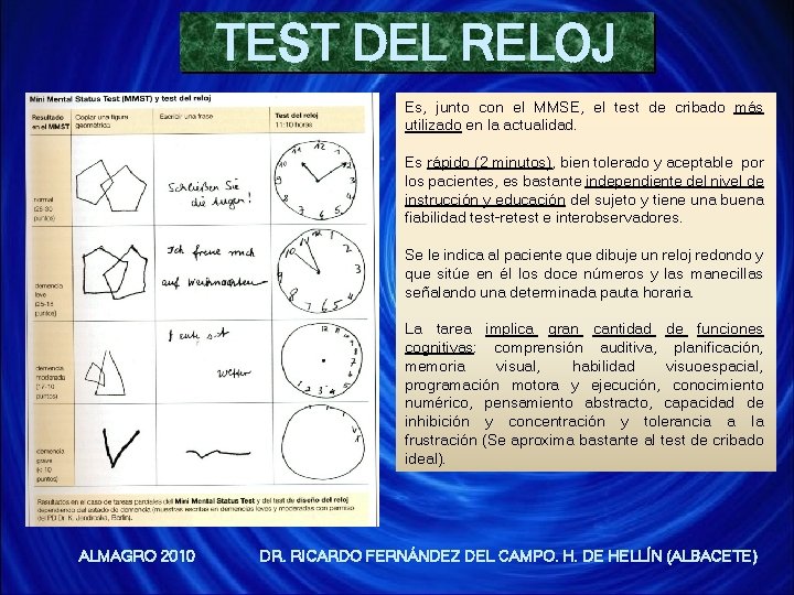 TEST DEL RELOJ Es, junto con el MMSE, el test de cribado más utilizado