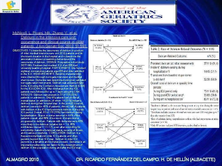 Mc. Nicoll, L, Pisani, MA, Zhang, Y, et al. Delirium in the intensive care