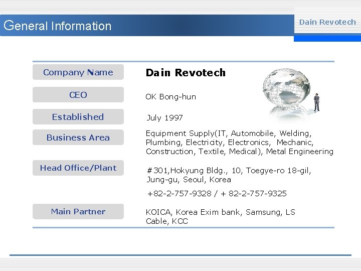 General Information Company Name CEO Established Business Area Head Office/Plant Dain Revotech OK Bong-hun