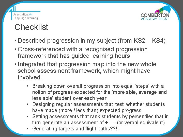 Checklist • Described progression in my subject (from KS 2 – KS 4) •