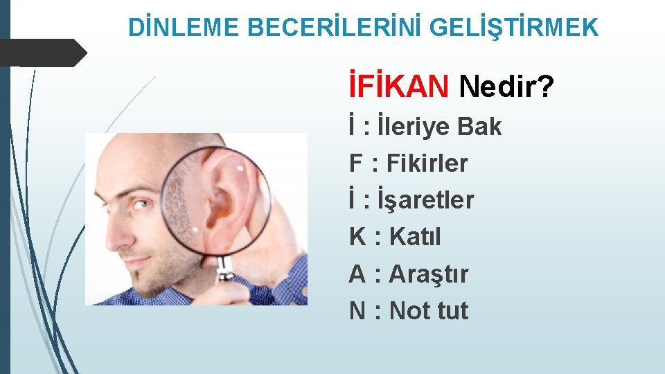 DİNLEME BECERİLERİNİ GELİŞTİRMEK İFİKAN Nedir? İ : İleriye Bak F : Fikirler İ :