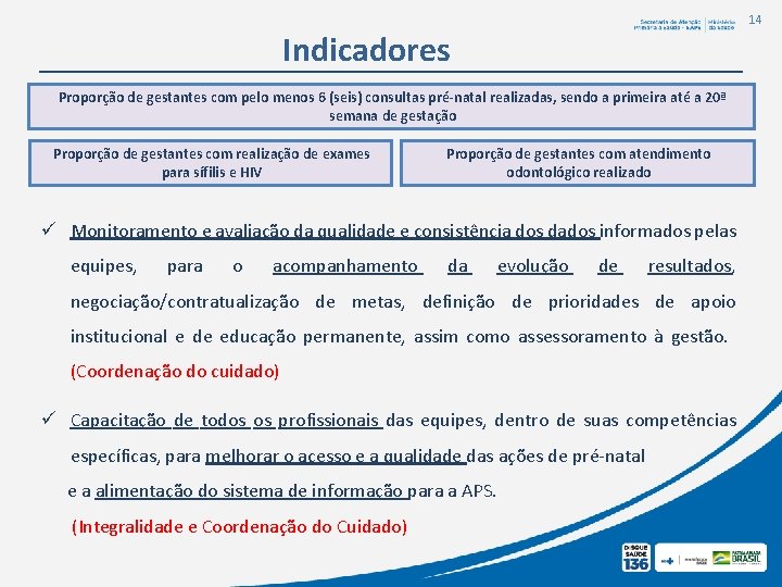 14 Indicadores Proporção de gestantes com pelo menos 6 (seis) consultas pré-natal realizadas, sendo