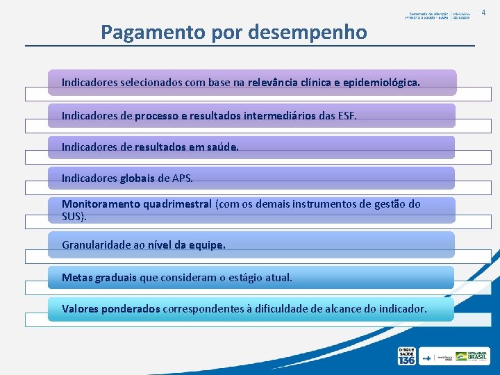 4 Pagamento por desempenho Indicadores selecionados com base na relevância clínica e epidemiológica. Indicadores
