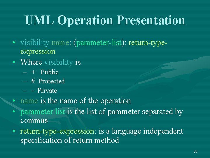 UML Operation Presentation • visibility name: (parameter-list): return-typeexpression • Where visibility is – +