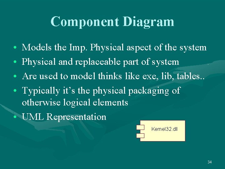 Component Diagram • • Models the Imp. Physical aspect of the system Physical and