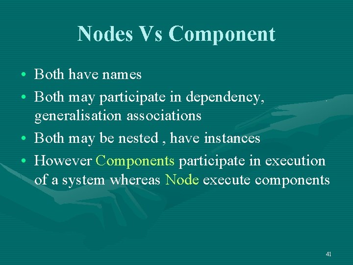 Nodes Vs Component • Both have names • Both may participate in dependency, generalisation