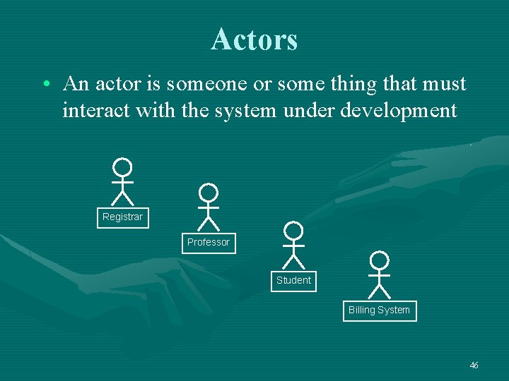 Actors • An actor is someone or some thing that must interact with the