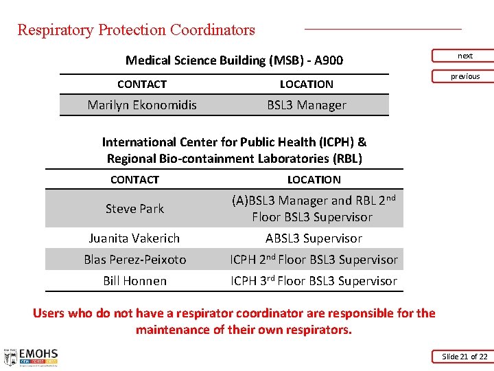 Respiratory Protection Coordinators Medical Science Building (MSB) - A 900 CONTACT LOCATION Marilyn Ekonomidis