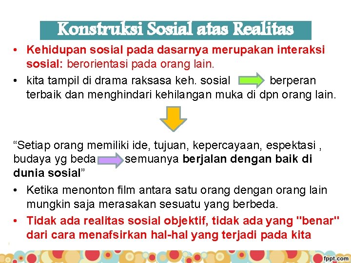 Konstruksi Sosial atas Realitas • Kehidupan sosial pada dasarnya merupakan interaksi sosial: berorientasi pada