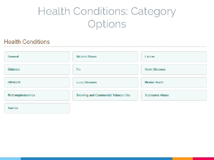 Health Conditions: Category Options 