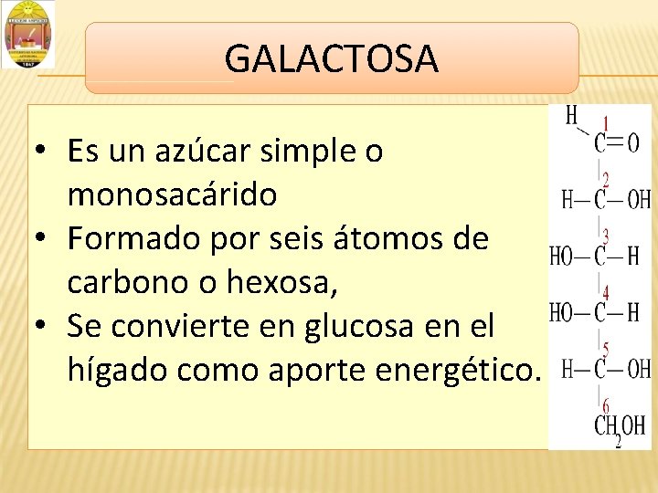 GALACTOSA • Es un azúcar simple o monosacárido • Formado por seis átomos de