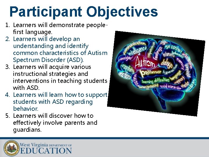 Participant Objectives 1. Learners will demonstrate peoplefirst language. 2. Learners will develop an understanding