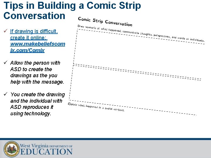 Tips in Building a Comic Strip Conversation ü If drawing is difficult, create it