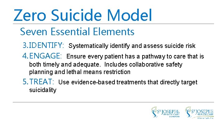 Zero Suicide Model Seven Essential Elements 3. IDENTIFY: Systematically identify and assess suicide risk