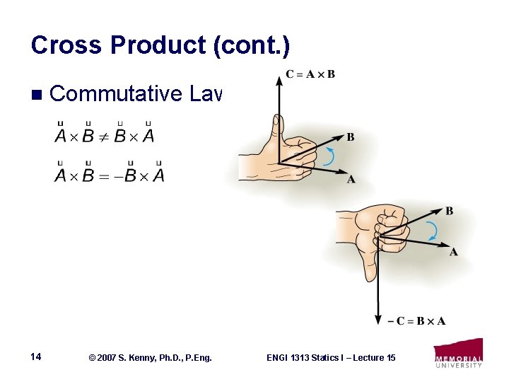 Cross Product (cont. ) n 14 Commutative Law © 2007 S. Kenny, Ph. D.