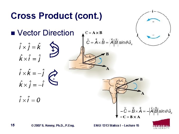 Cross Product (cont. ) n Vector Direction + - 15 © 2007 S. Kenny,