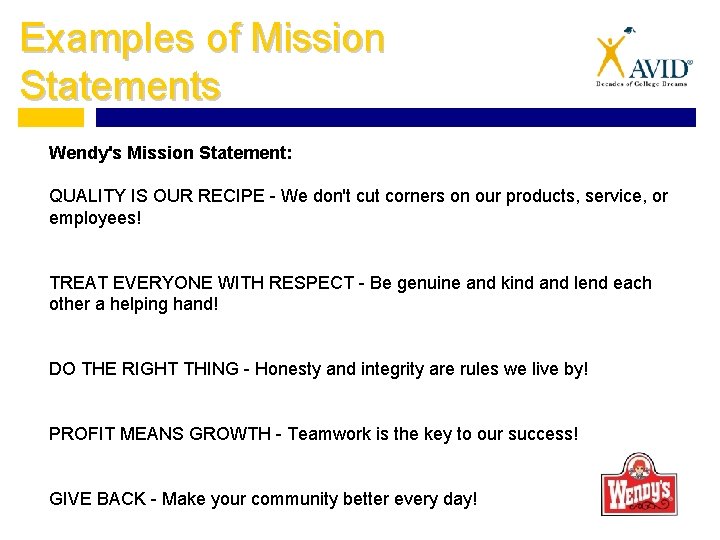 Examples of Mission Statements Wendy's Mission Statement: QUALITY IS OUR RECIPE - We don't