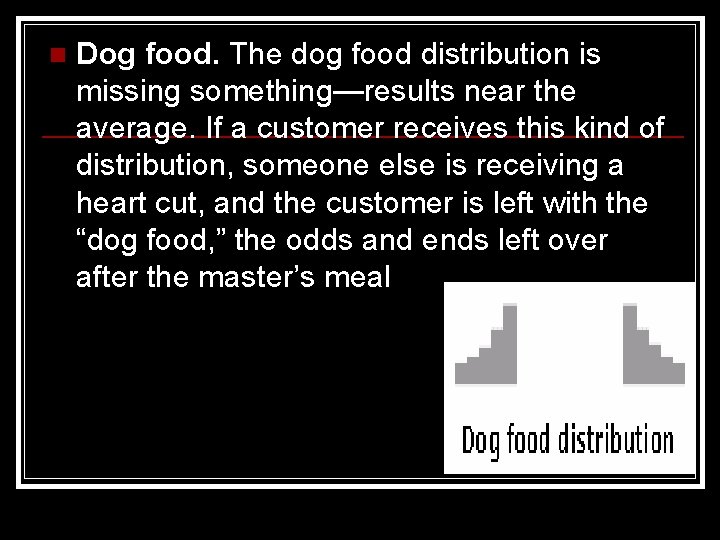 n Dog food. The dog food distribution is missing something—results near the average. If