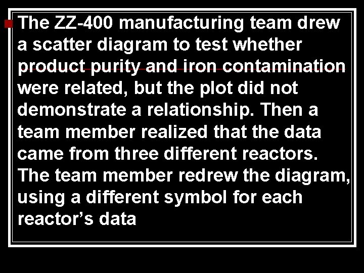 n The ZZ-400 manufacturing team drew a scatter diagram to test whether product purity