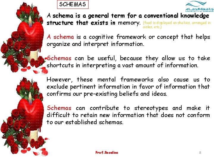 SCHEMAS A schema is a general term for a conventional knowledge structure that exists