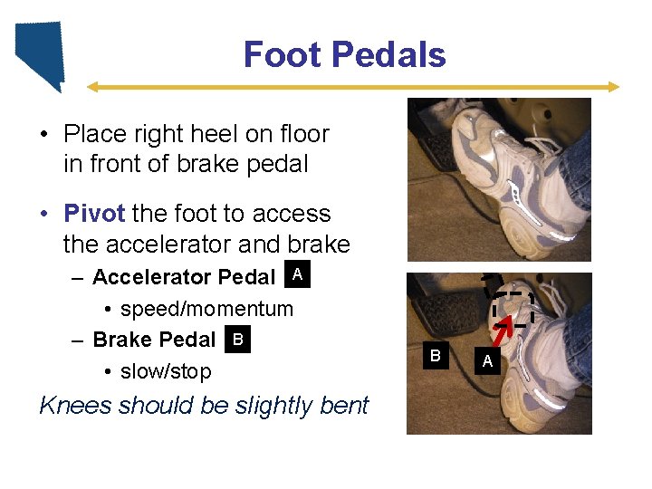 Foot Pedals • Place right heel on floor in front of brake pedal •