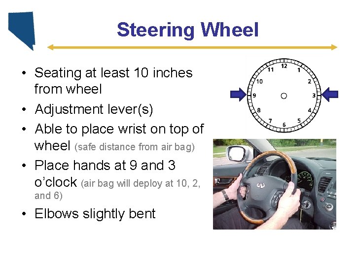 Steering Wheel • Seating at least 10 inches from wheel • Adjustment lever(s) •