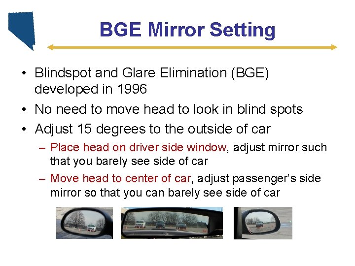 BGE Mirror Setting • Blindspot and Glare Elimination (BGE) developed in 1996 • No