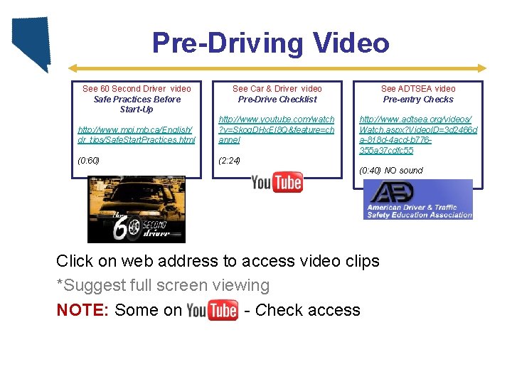 Pre-Driving Video See Car & Driver video Pre-Drive Checklist See ADTSEA video Pre-entry Checks