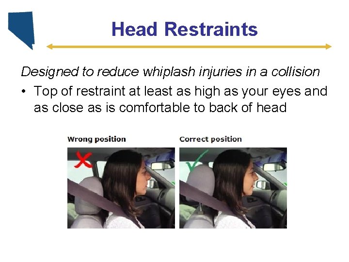 Head Restraints Designed to reduce whiplash injuries in a collision • Top of restraint