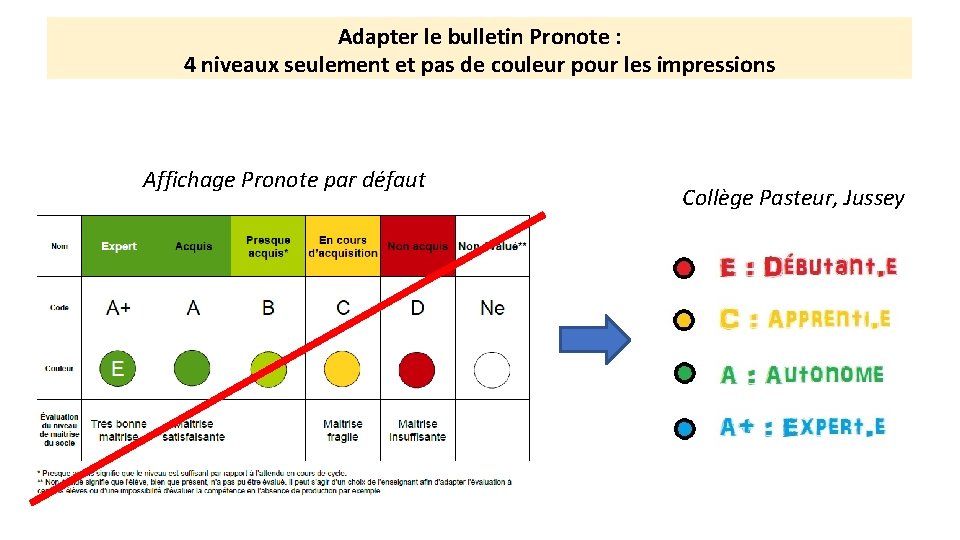 Adapter le bulletin Pronote : 4 niveaux seulement et pas de couleur pour les Adapter le bulletin Pronote : 4 niveaux seulement et pas de couleur pour les