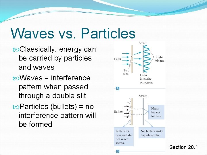 Waves vs. Particles Classically: energy can be carried by particles and waves Waves =