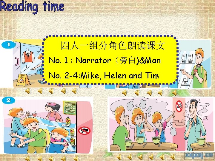 四人一组分角色朗读课文 No. 1 : Narrator（旁白)&Man No. 2 -4: Mike, Helen and Tim 