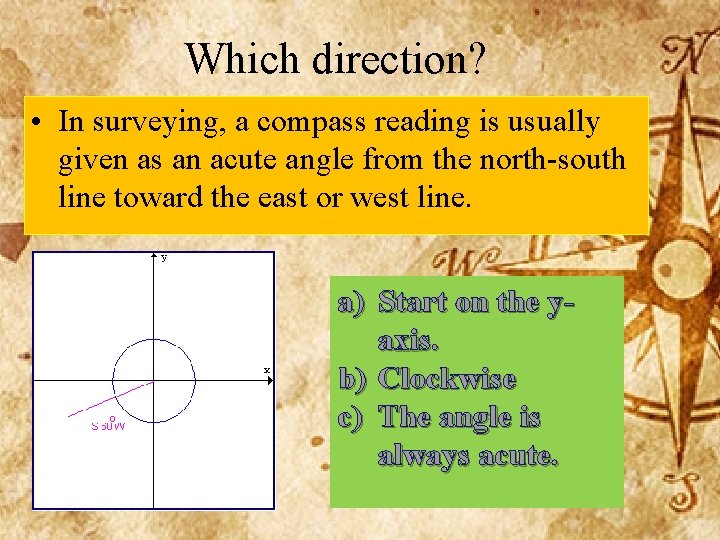 Which direction? • In surveying, a compass reading is usually given as an acute