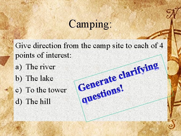 Camping: Give direction from the camp site to each of 4 points of interest: