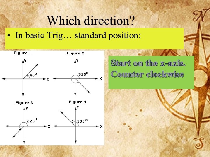 Which direction? • In basic Trig… standard position: Start on the x-axis. Counter clockwise