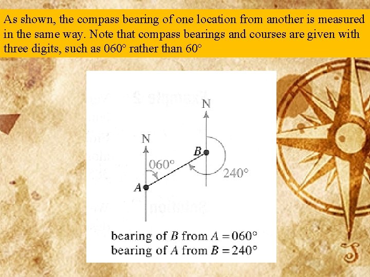 As shown, the compass bearing of one location from another is measured in the