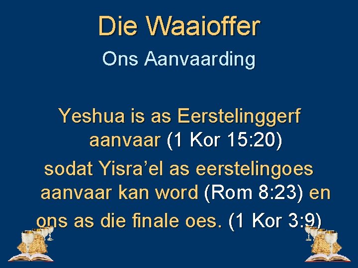 Die Waaioffer Ons Aanvaarding Yeshua is as Eerstelinggerf aanvaar (1 Kor 15: 20) sodat