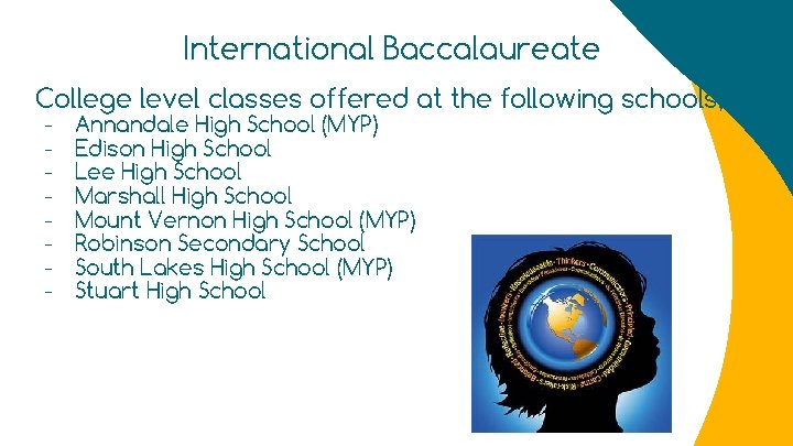 International Baccalaureate College level classes offered at the following schools; - Annandale High School